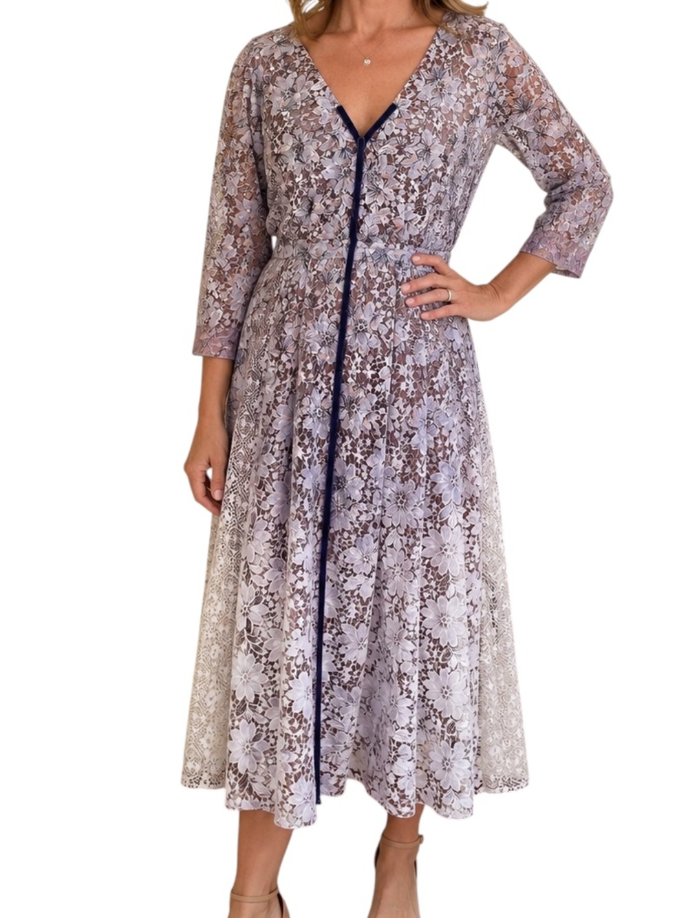 Byron Lars Beauty Mark Mauve/Cream Ombre Floral Lace "Watly" Midi Aline Dress 8
